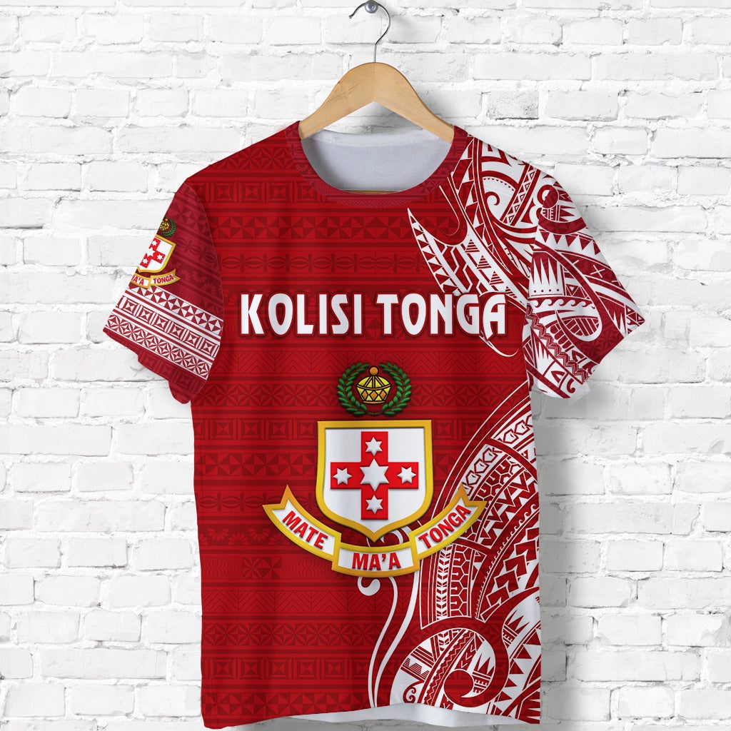 Red Kolisi Tonga T-shirt front view with bold “KOLISI TONGA” text and crest graphic