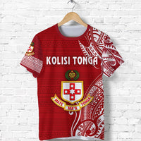 Red Kolisi Tonga T-shirt front view with bold “KOLISI TONGA” text and crest graphic