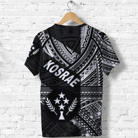 Black tee with bold 'KOSRAE' diagonal text, patterned sleeves, and star emblem graphic