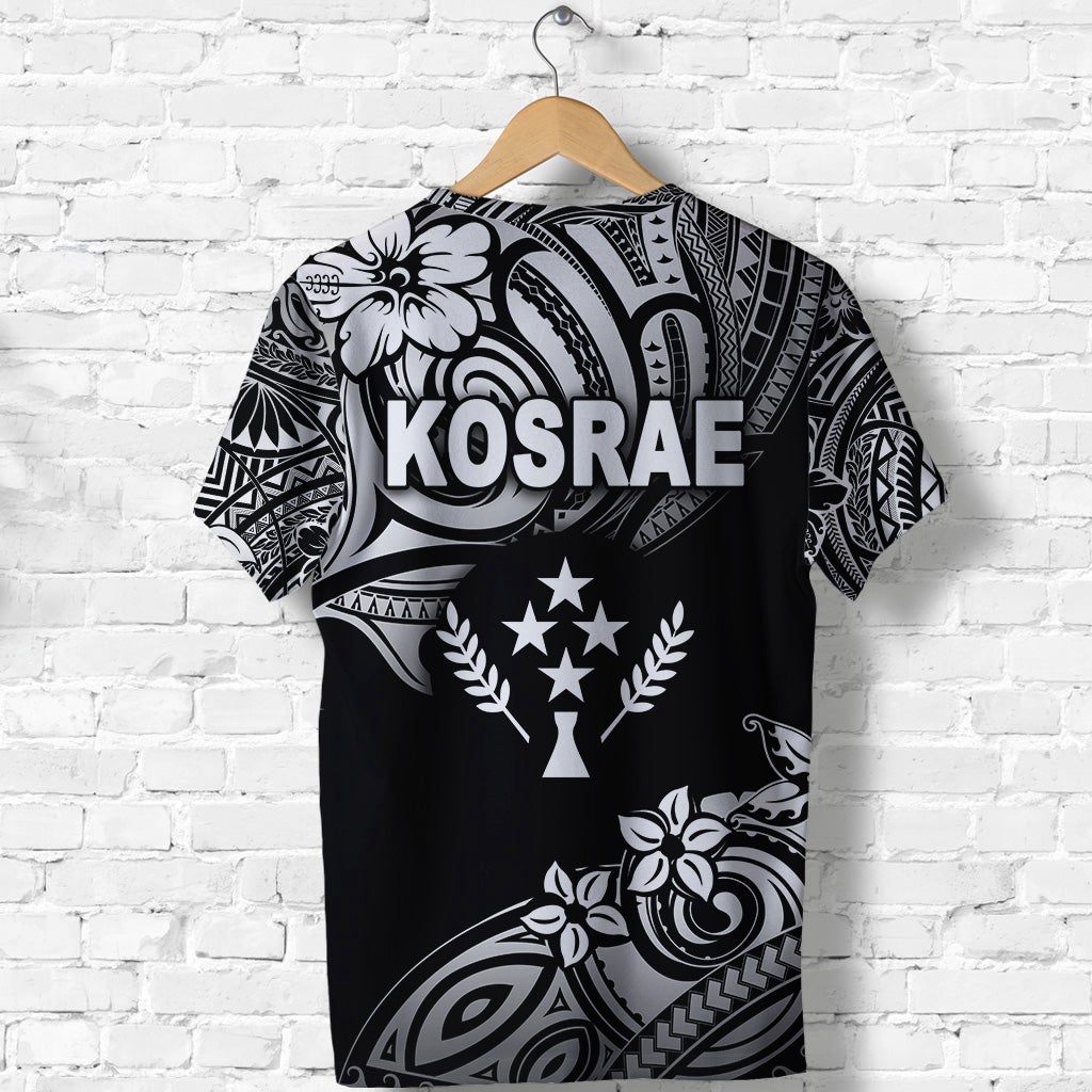 Black T-shirt back with large white KOSRAE text and tribal swirl wing design