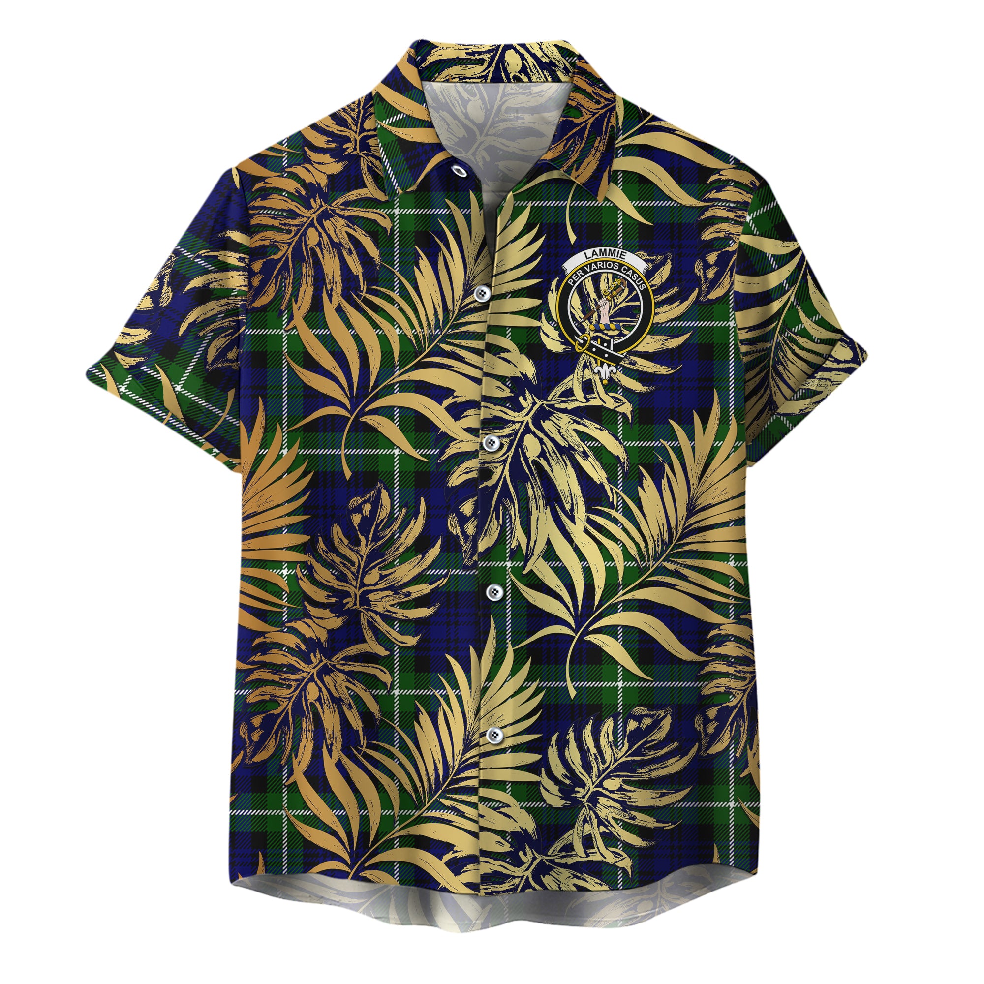 scottish-lammie-clan-crest-tartan-golden-tropical-palm-leaves-hawaiian-shirt