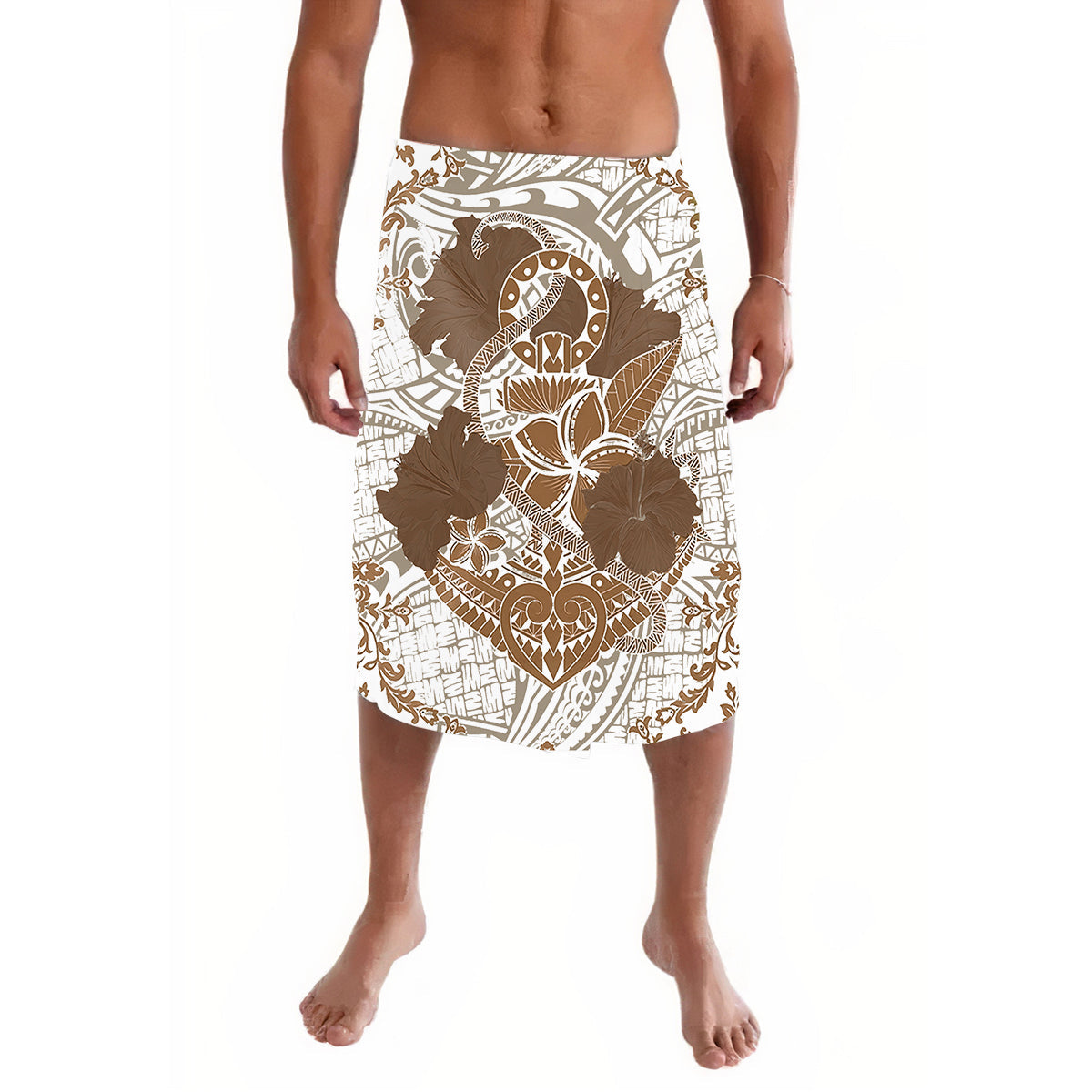 Vintage ie faitaga skirt, knee-length, white with brown and white Polynesian print