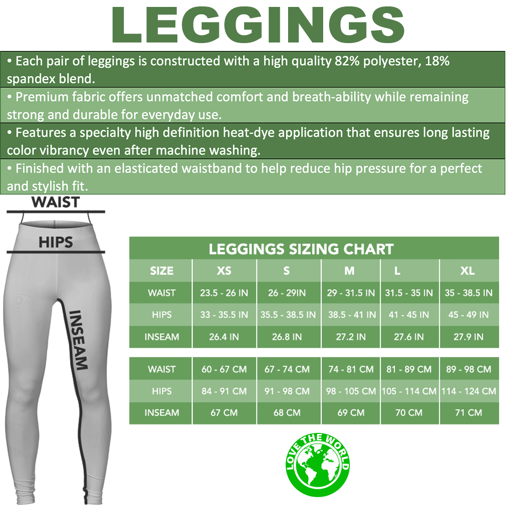 Leggings sizing chart graphic with waistband and inseam measurements in green table