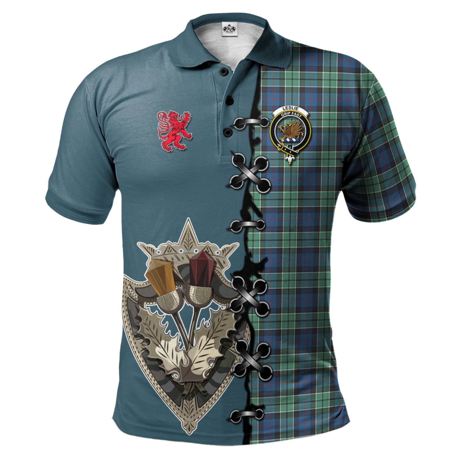 scottish-leslie-hunting-ancient-clan-crest-tartan-lion-rampant-and-celtic-thistle-polo-shirt