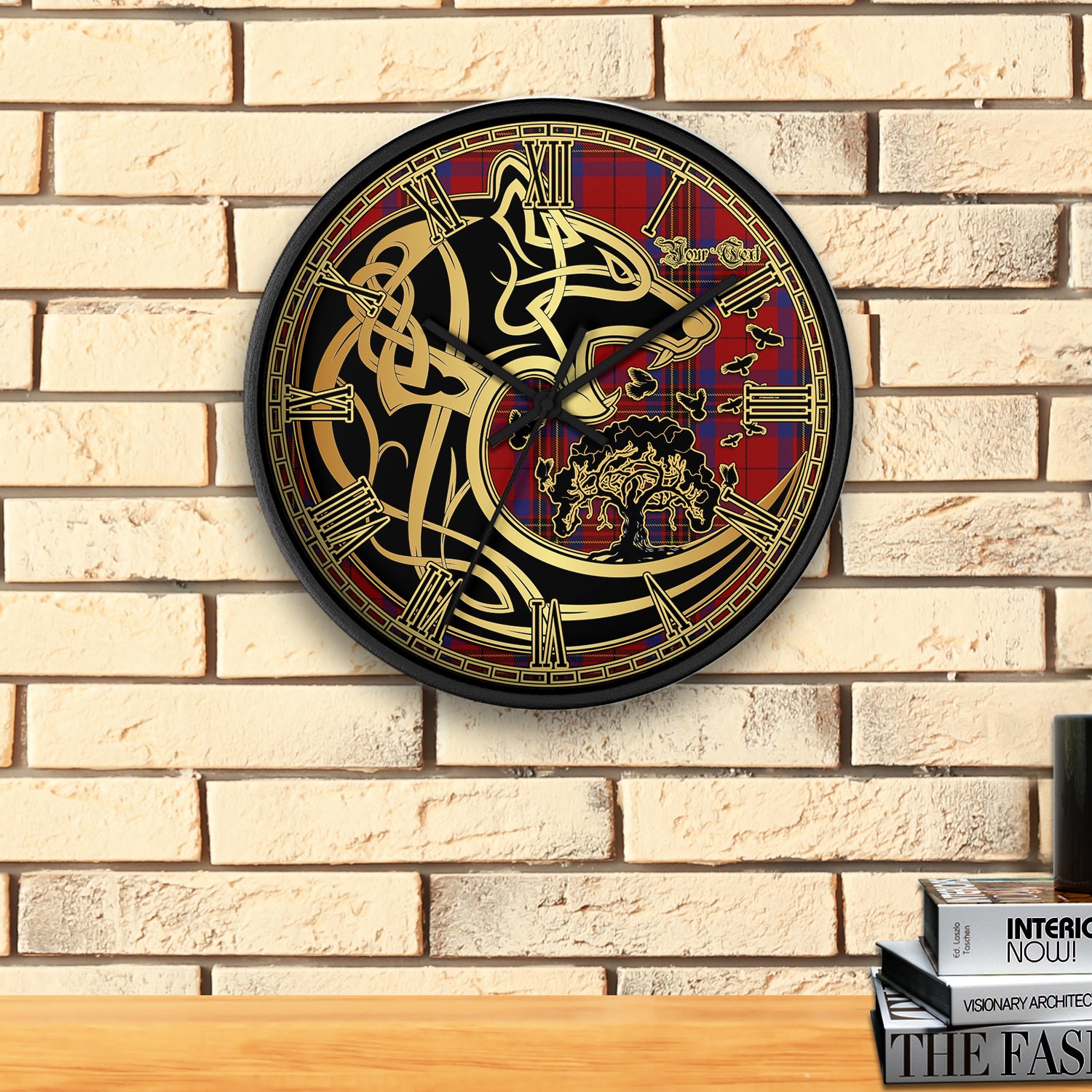 leslie-red-tartan-wall-clock-personalize-wall-clock-decor-wall-clock-celtic-wolf-style