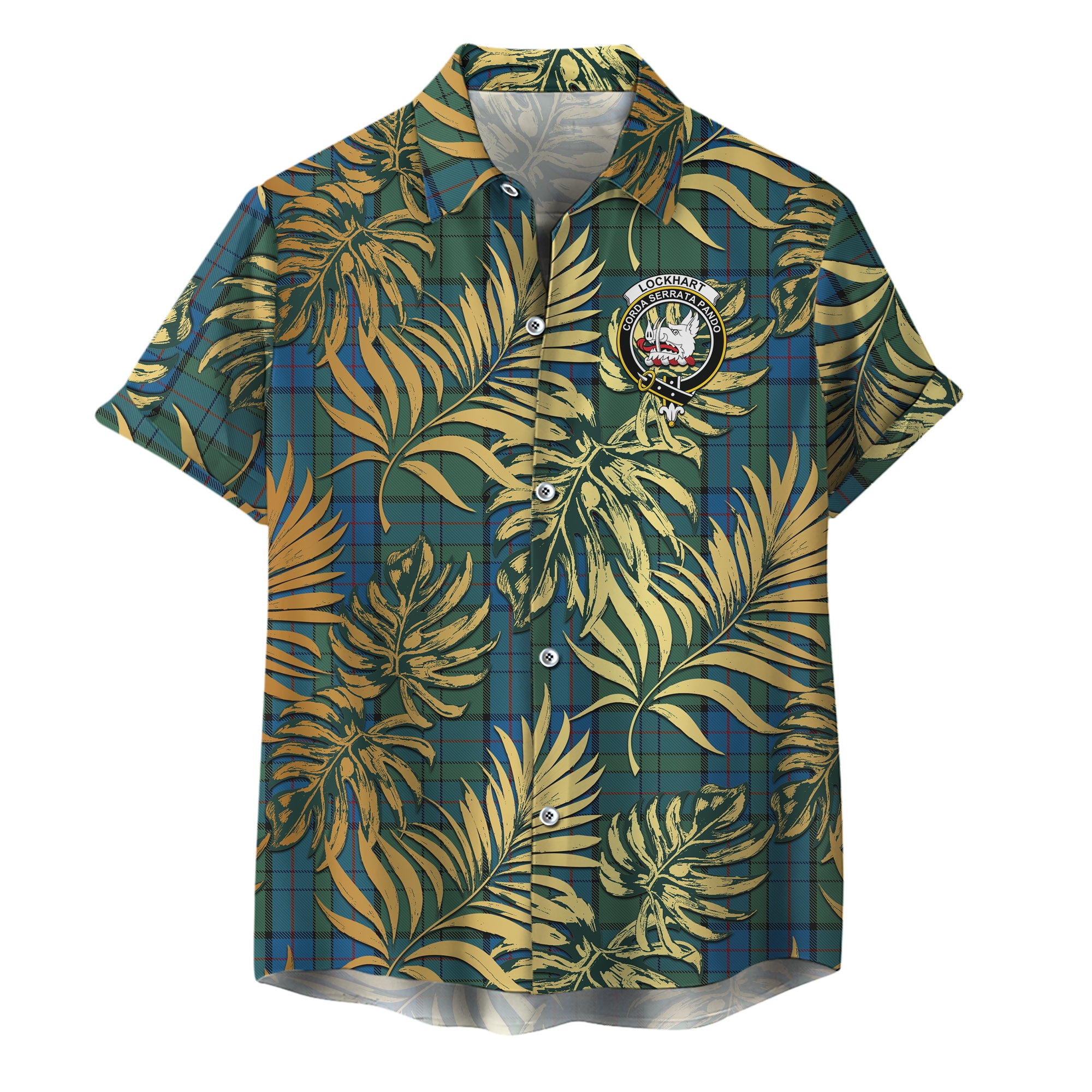 scottish-lockhart-clan-crest-tartan-golden-tropical-palm-leaves-hawaiian-shirt