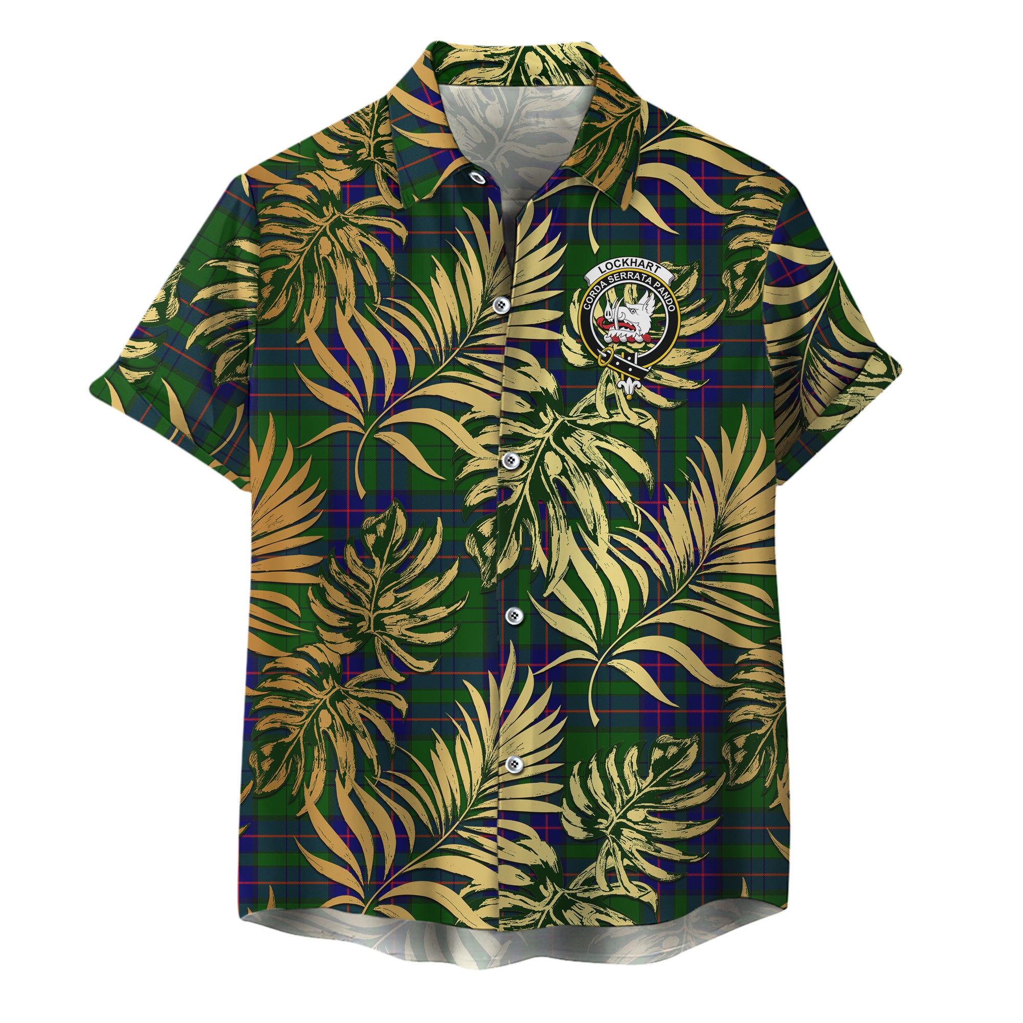 scottish-lockhart-modern-clan-crest-tartan-golden-tropical-palm-leaves-hawaiian-shirt