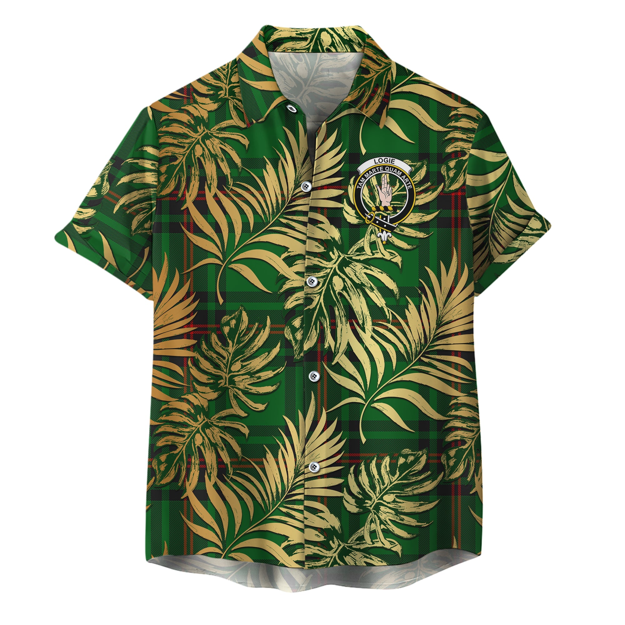 scottish-logie-clan-crest-tartan-golden-tropical-palm-leaves-hawaiian-shirt