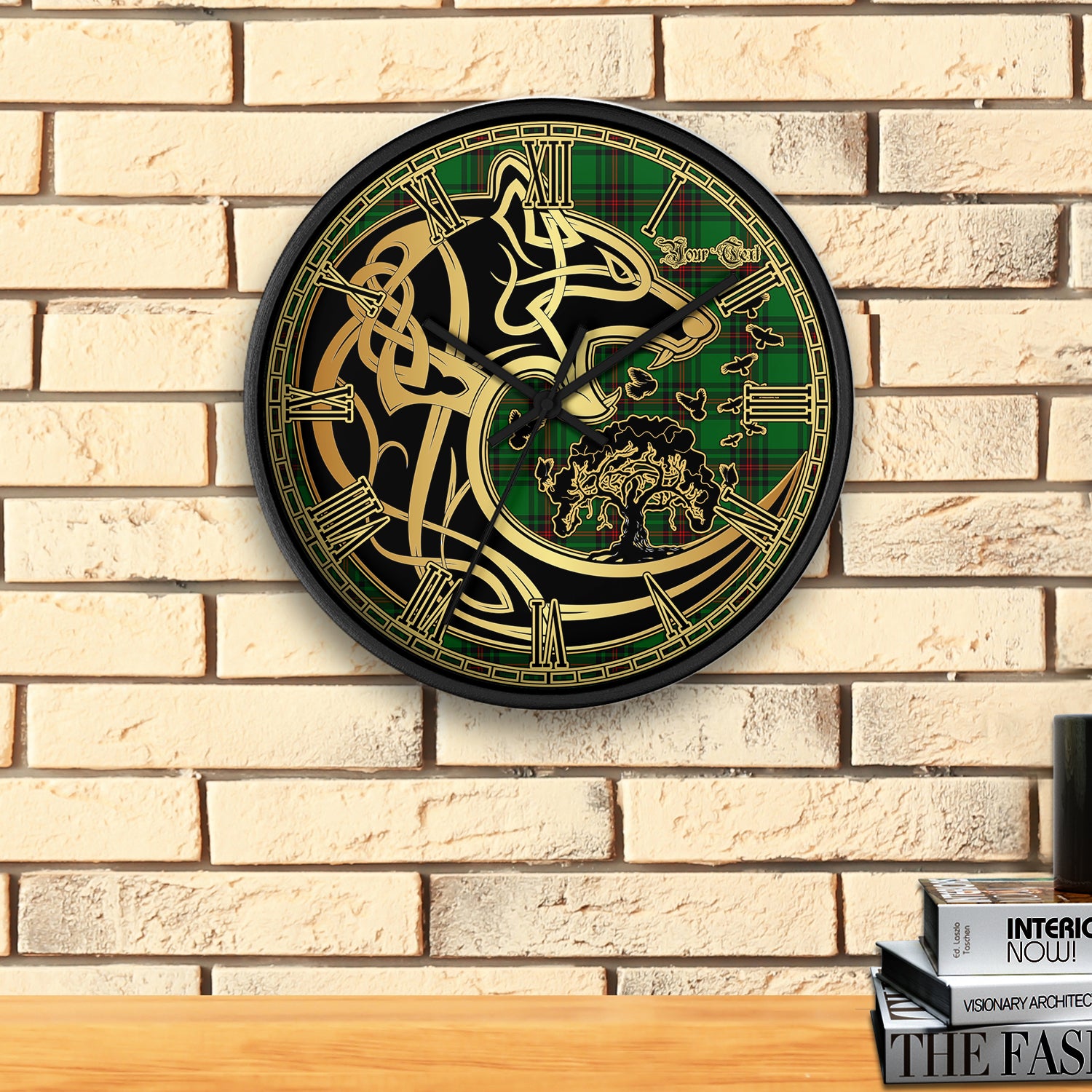 logie-tartan-wall-clock-personalize-wall-clock-decor-wall-clock-celtic-wolf-style