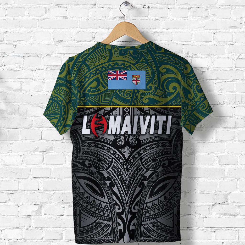 Green rugby T-shirt back with black tribal print and Le Maiviti graphic with flags
