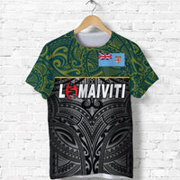 Green rugby T-shirt front with black tribal print, Le Maiviti graphic and flag