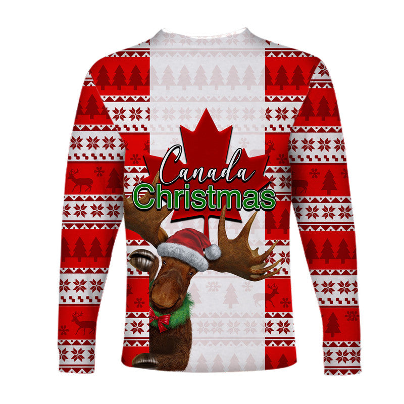 Red & white long sleeve shirt with Canada Christmas graphic and moose wearing red hat