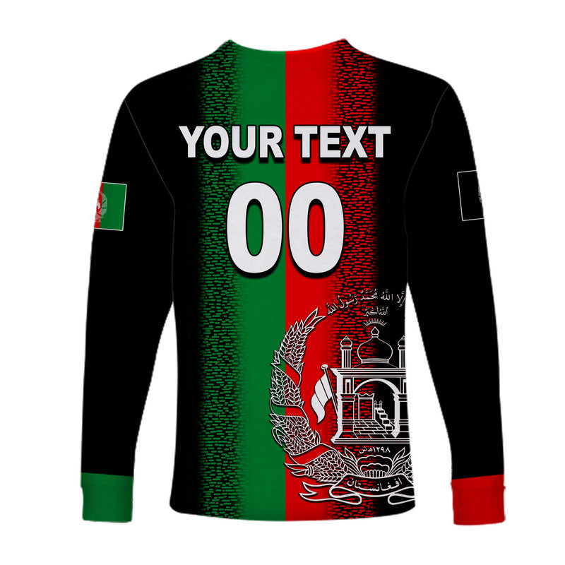 Back of long-sleeve cricket jersey, black with green-red panel, 'YOUR TEXT' and '00'.