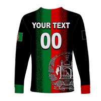 Back of long-sleeve cricket jersey, black with green-red panel, 'YOUR TEXT' and '00'.
