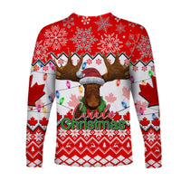 Red long-sleeve moose Christmas shirt with Canada text, maple leaves and ornaments
