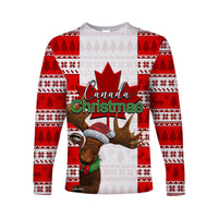 Red & white long sleeve shirt with Canada Christmas text and moose in Santa hat