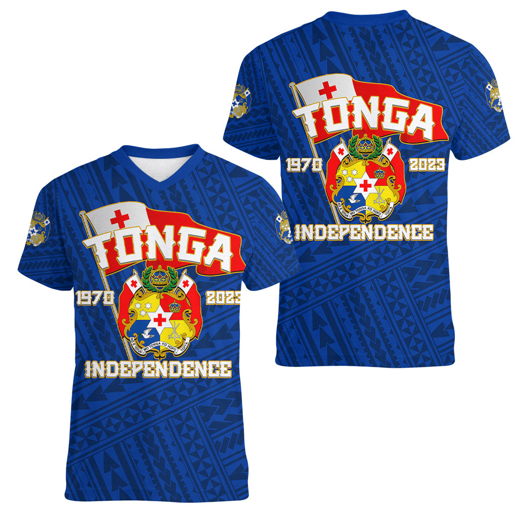 Tonga Independence Women V Neck T Shirt 2023 Blue Style LT6 - Wonder Print Shop