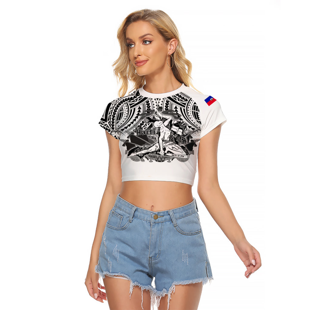 (Custom Personalised) Haiti Raglan Cropped T Shirt Polynesian Neg Maron White Style LT6 - Wonder Print Shop