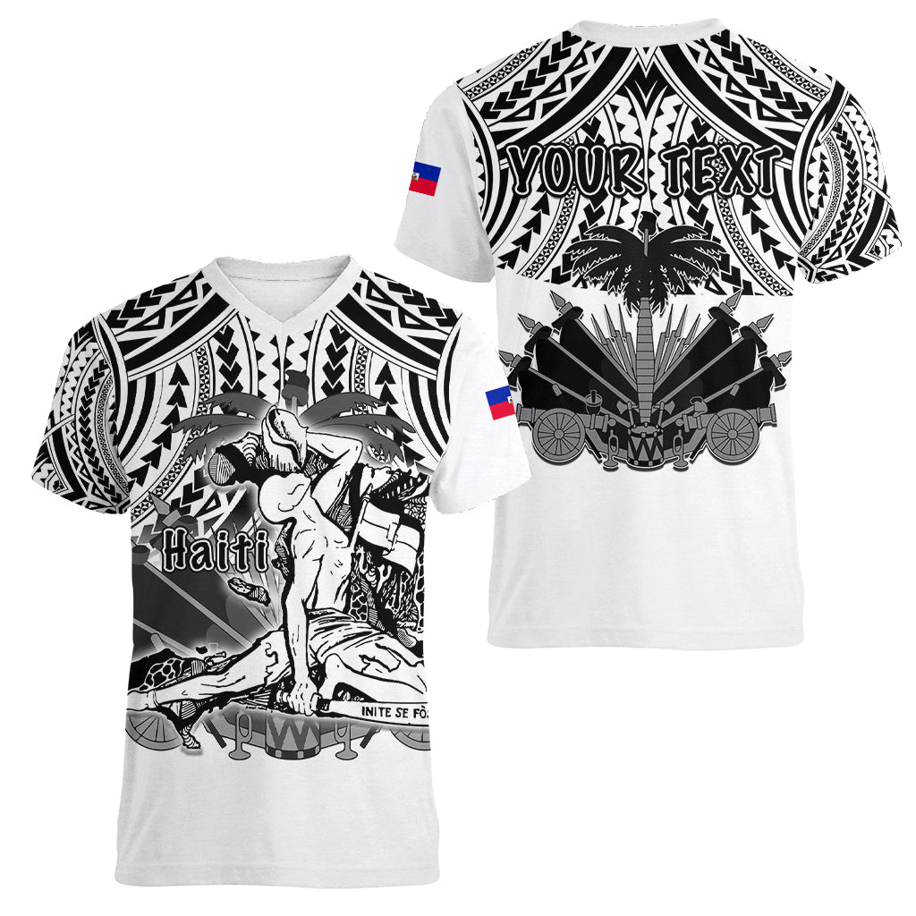 (Custom Personalised) Haiti Women V Neck T Shirt Polynesian Neg Maron White Style LT6 - Wonder Print Shop