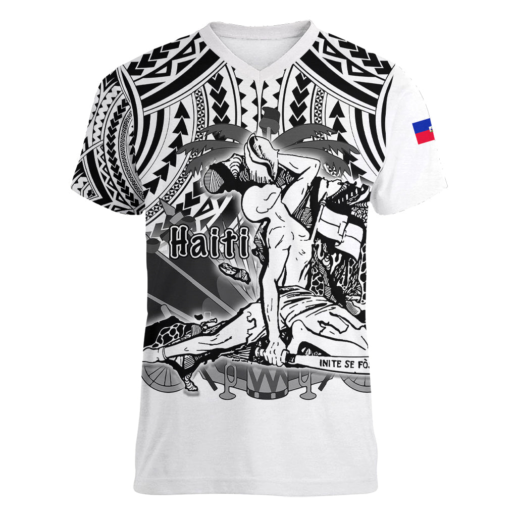 (Custom Personalised) Haiti Women V Neck T Shirt Polynesian Neg Maron White Style LT6 - Wonder Print Shop