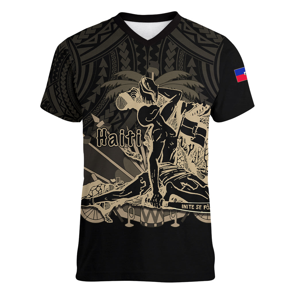 (Custom Personalised) Haiti Women V Neck T Shirt Polynesian Neg Maron Black Style LT6 - Wonder Print Shop