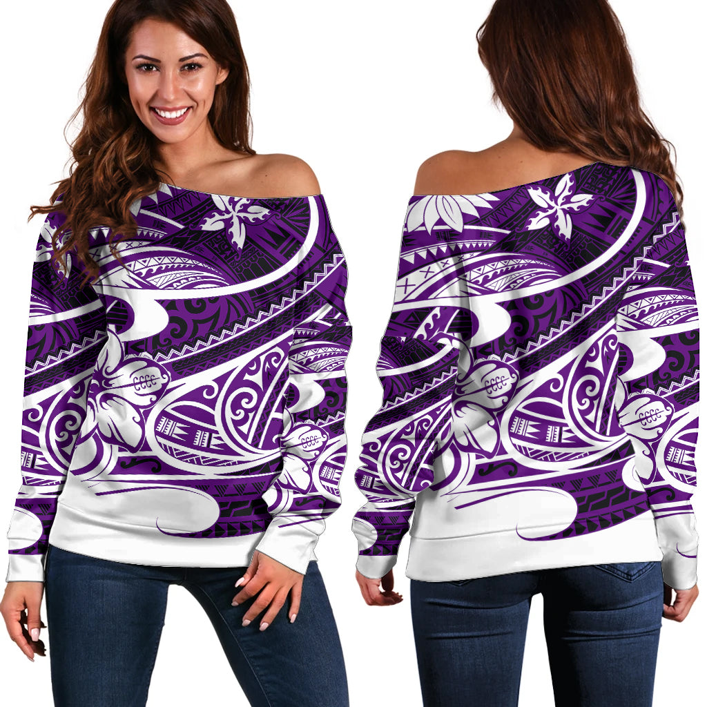 Polynesian Tribal Off Shoulder Sweater Purple LT6 - Wonder Print Shop