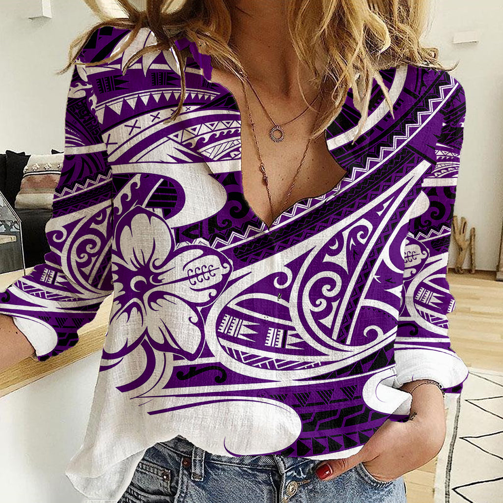 Polynesian Tribal Women Casual Shirt Purple LT6 - Wonder Print Shop