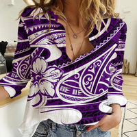 Polynesian Tribal Women Casual Shirt Purple LT6 - Wonder Print Shop