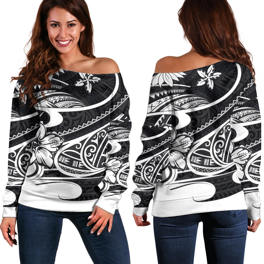 Polynesian Tribal Off Shoulder Sweater Black LT6 - Wonder Print Shop