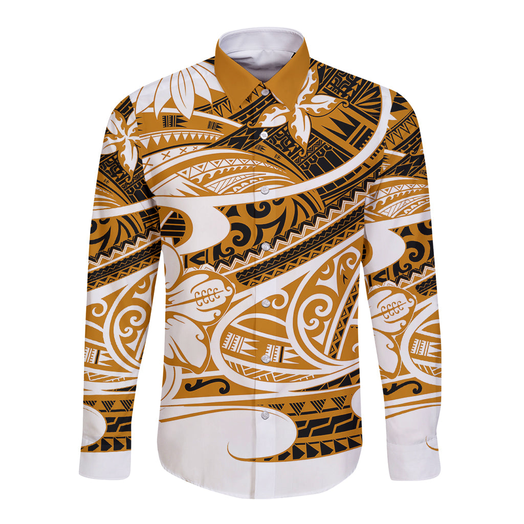 Polynesian Tribal Long Sleeve Button Shirt Gold LT6 - Wonder Print Shop