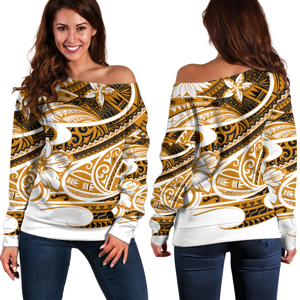 Polynesian Tribal Off Shoulder Sweater Gold LT6 - Wonder Print Shop