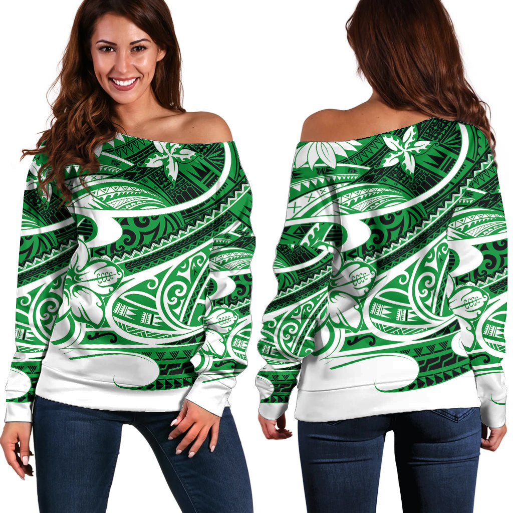 Polynesian Tribal Off Shoulder Sweater Green LT6 - Wonder Print Shop