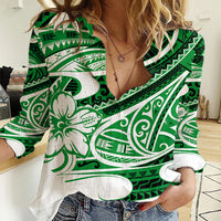 Polynesian Tribal Women Casual Shirt Green LT6 - Wonder Print Shop