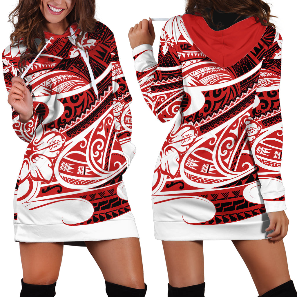 Polynesian Tribal Hoodie Dress Red LT6 - Wonder Print Shop