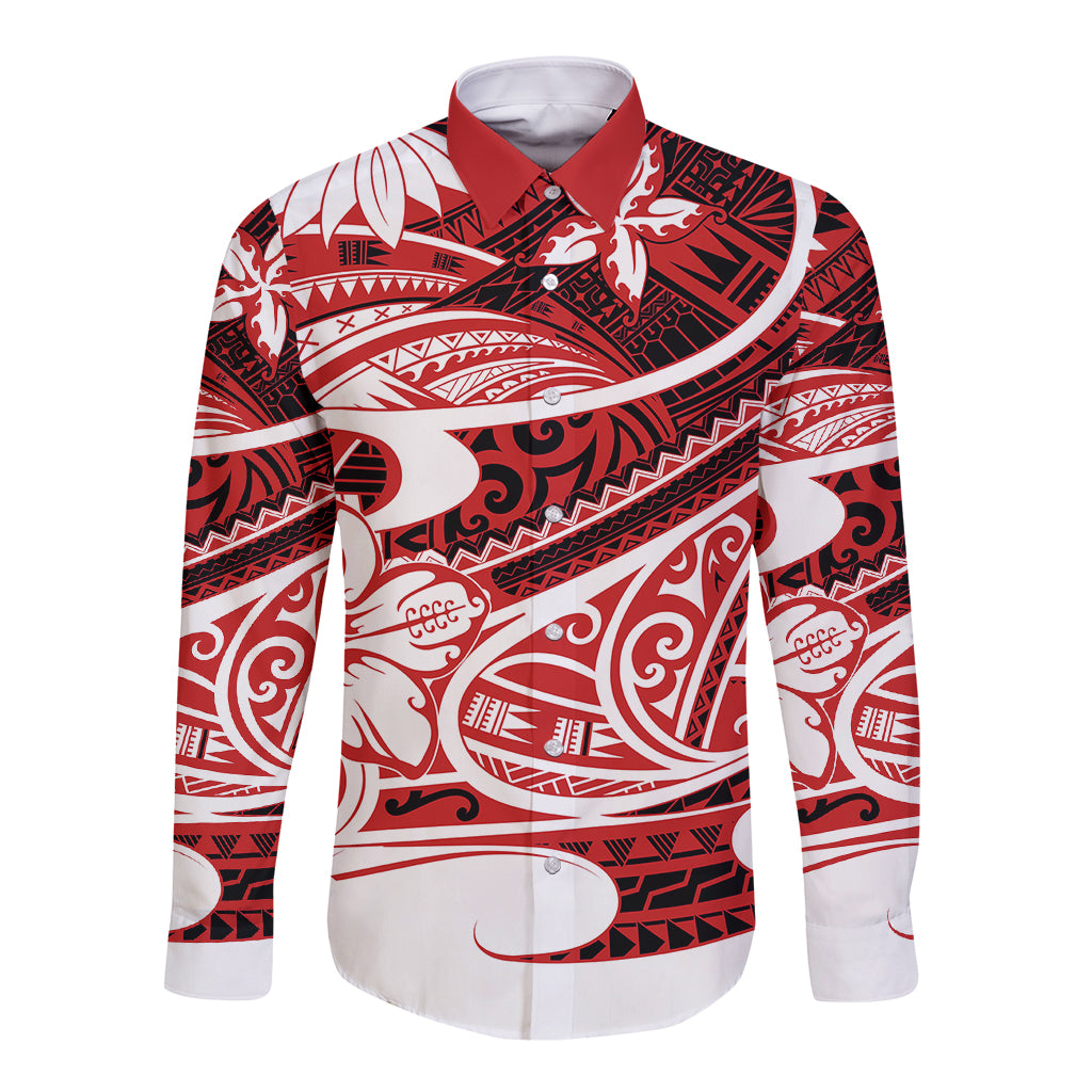 Polynesian Tribal Long Sleeve Button Shirt Red LT6 - Wonder Print Shop