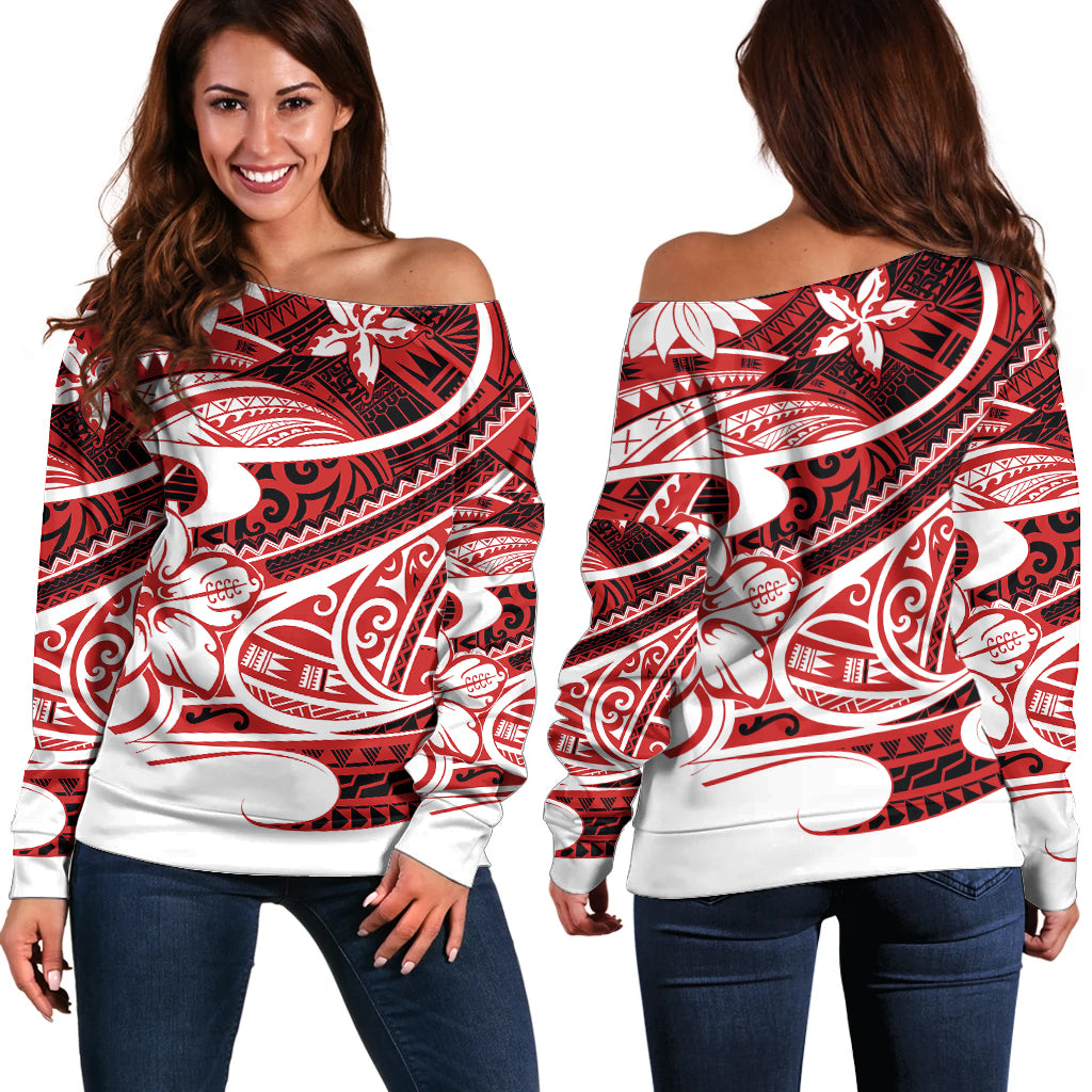 Polynesian Tribal Off Shoulder Sweater Red LT6 - Wonder Print Shop