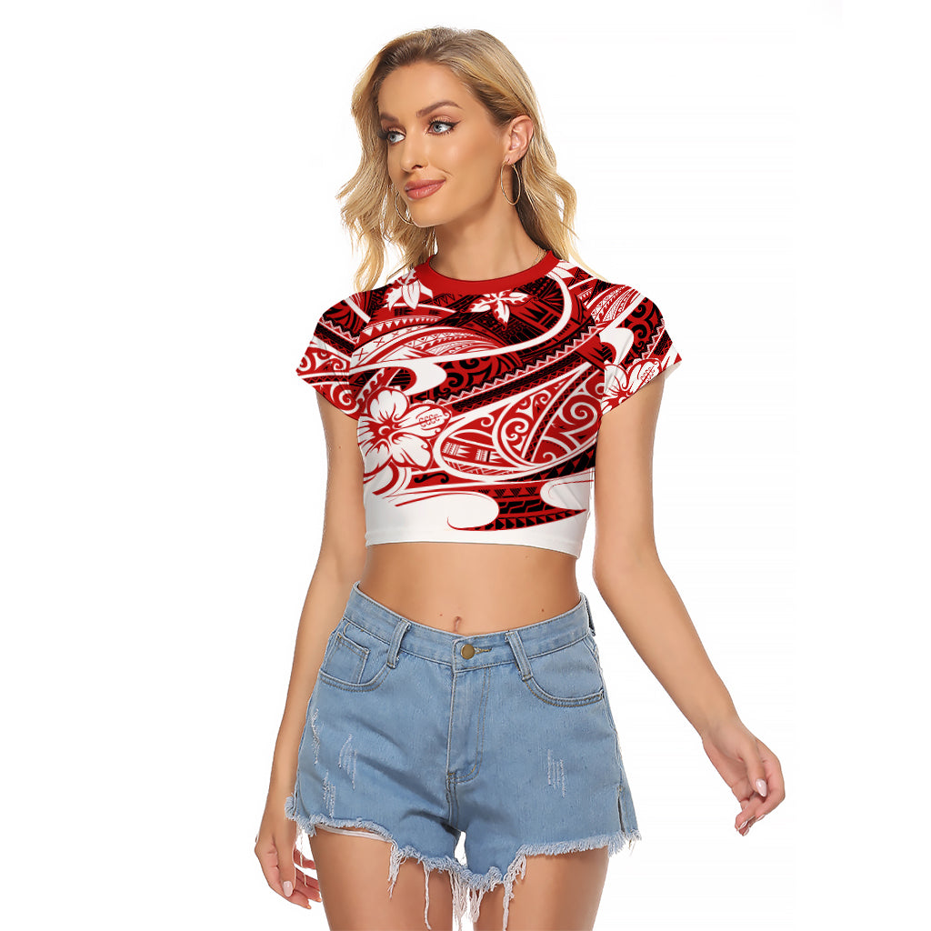 Polynesian Tribal Raglan Cropped T Shirt Red LT6 - Wonder Print Shop