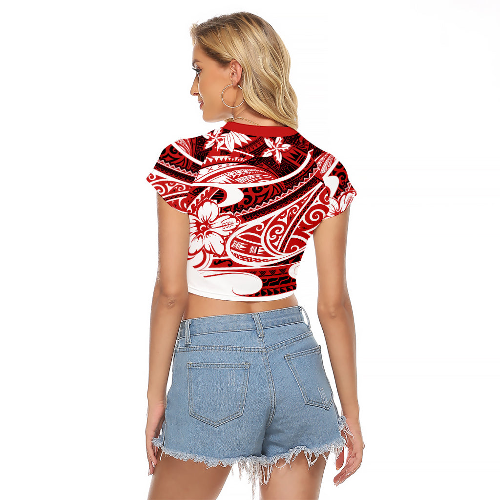 Polynesian Tribal Raglan Cropped T Shirt Red LT6 - Wonder Print Shop