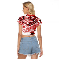 Polynesian Tribal Raglan Cropped T Shirt Red LT6 - Wonder Print Shop