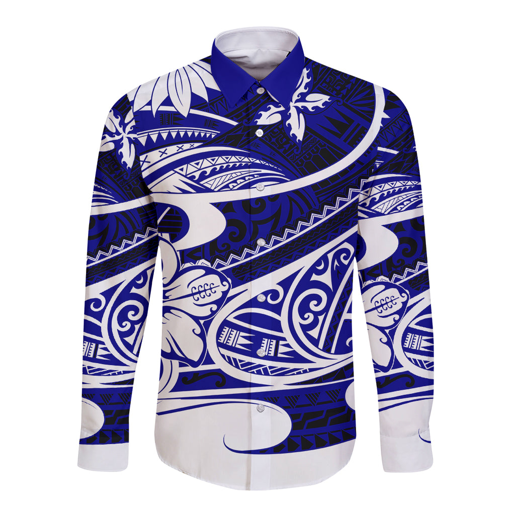 Polynesian Tribal Long Sleeve Button Shirt Blue LT6 - Wonder Print Shop