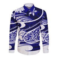 Polynesian Tribal Long Sleeve Button Shirt Blue LT6 - Wonder Print Shop