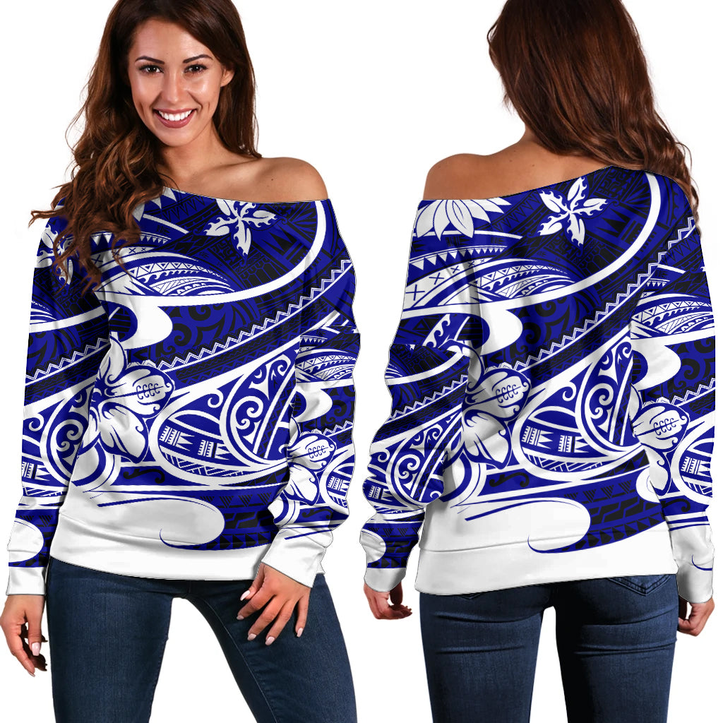 Polynesian Tribal Off Shoulder Sweater Blue LT6 - Wonder Print Shop
