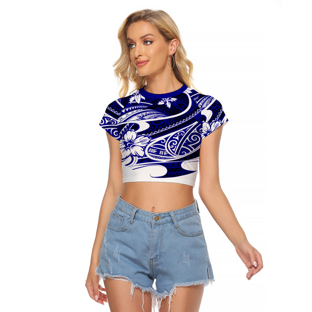 Polynesian Tribal Raglan Cropped T Shirt Blue LT6 - Wonder Print Shop