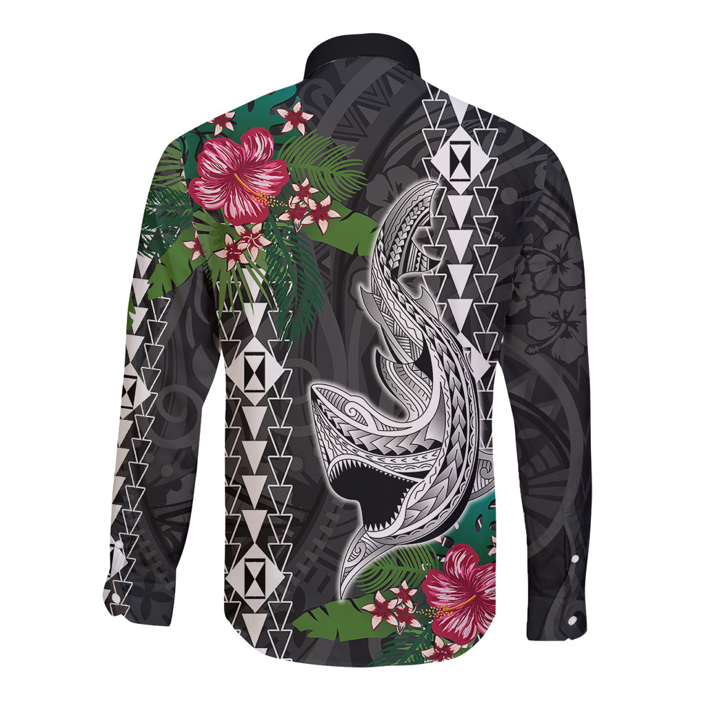 Hawaii Kakau Long Sleeve Button Shirt Mix Sharks Polynesian Hibiscus LT6 - Wonder Print Shop