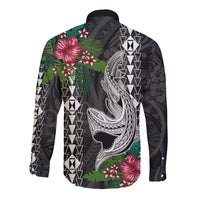 Hawaii Kakau Long Sleeve Button Shirt Mix Sharks Polynesian Hibiscus LT6 - Wonder Print Shop