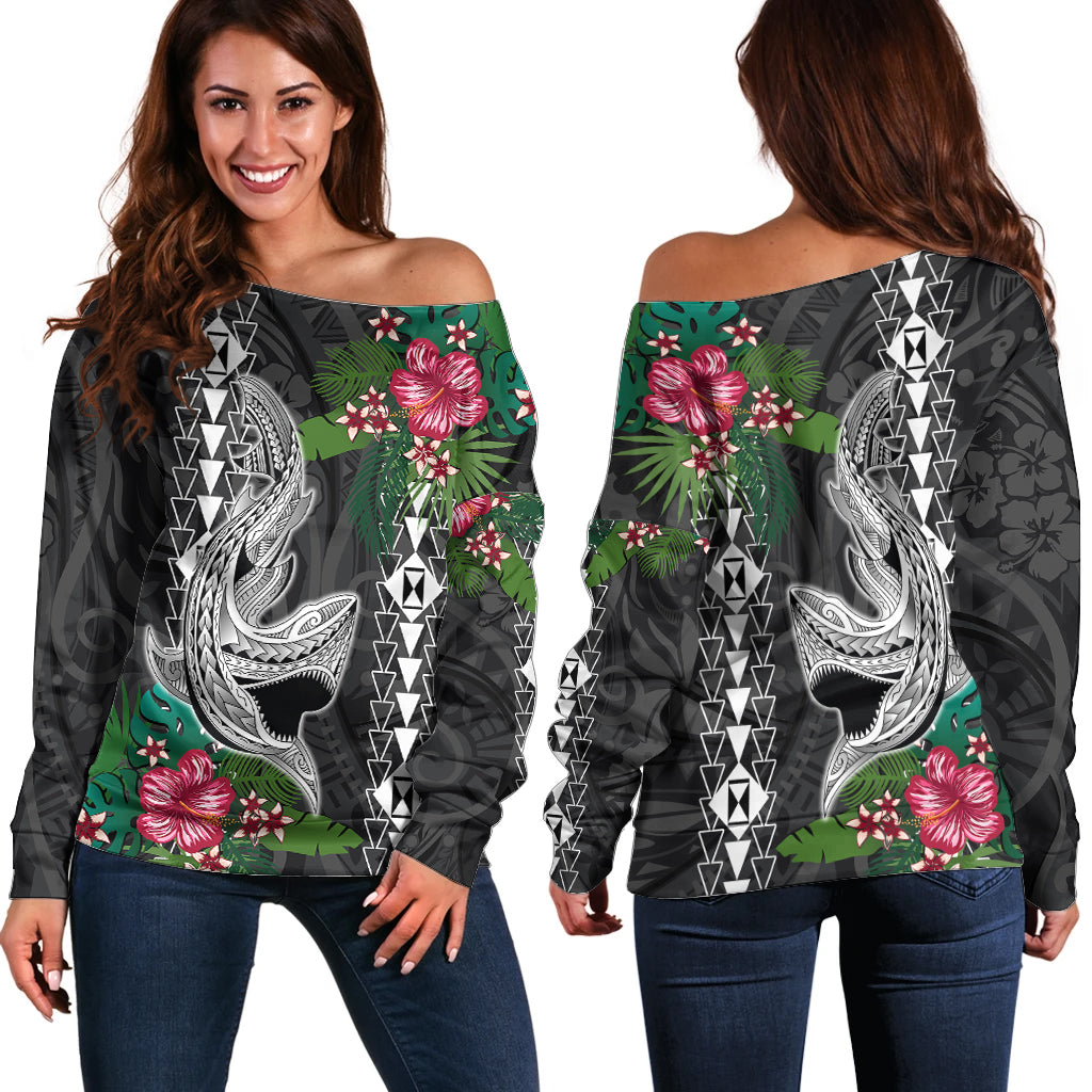 Hawaii Kakau Off Shoulder Sweater Mix Sharks Polynesian Hibiscus LT6 - Wonder Print Shop