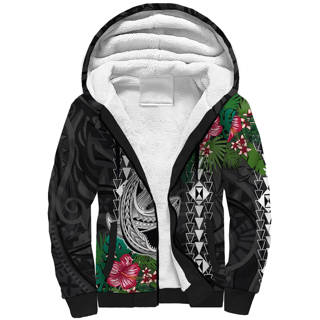Hawaii Kakau Sherpa Hoodie Mix Sharks Polynesian Hibiscus LT6 - Wonder Print Shop
