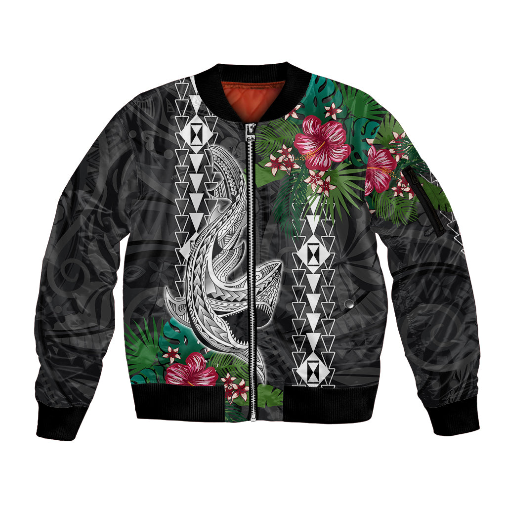 Hawaii Kakau Sleeve Zip Bomber Jacket Mix Sharks Polynesian Hibiscus LT6 - Wonder Print Shop
