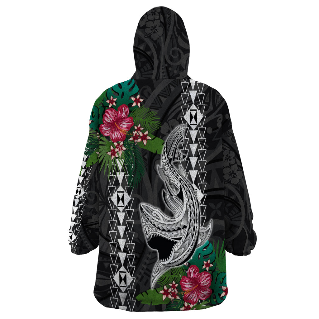 Hawaii Kakau Wearable Blanket Hoodie Mix Sharks Polynesian Hibiscus LT6 - Wonder Print Shop