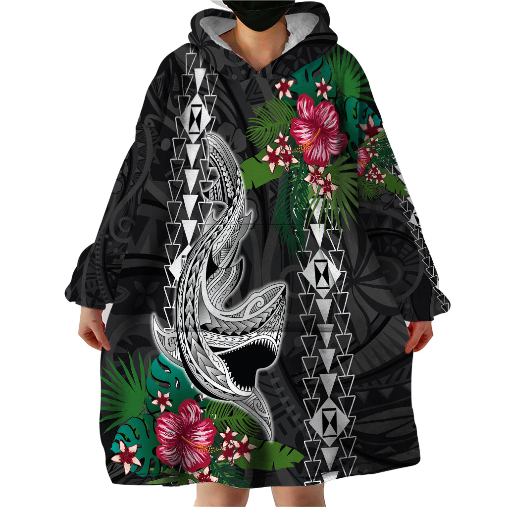 Hawaii Kakau Wearable Blanket Hoodie Mix Sharks Polynesian Hibiscus LT6 - Wonder Print Shop